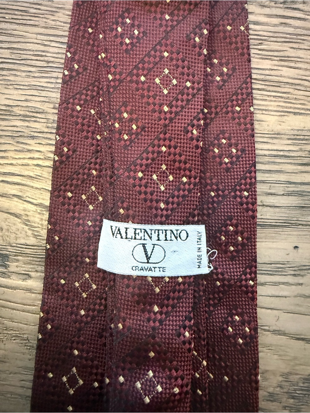 Valentino Maroon Silk Tie with Gold Diamond Motif